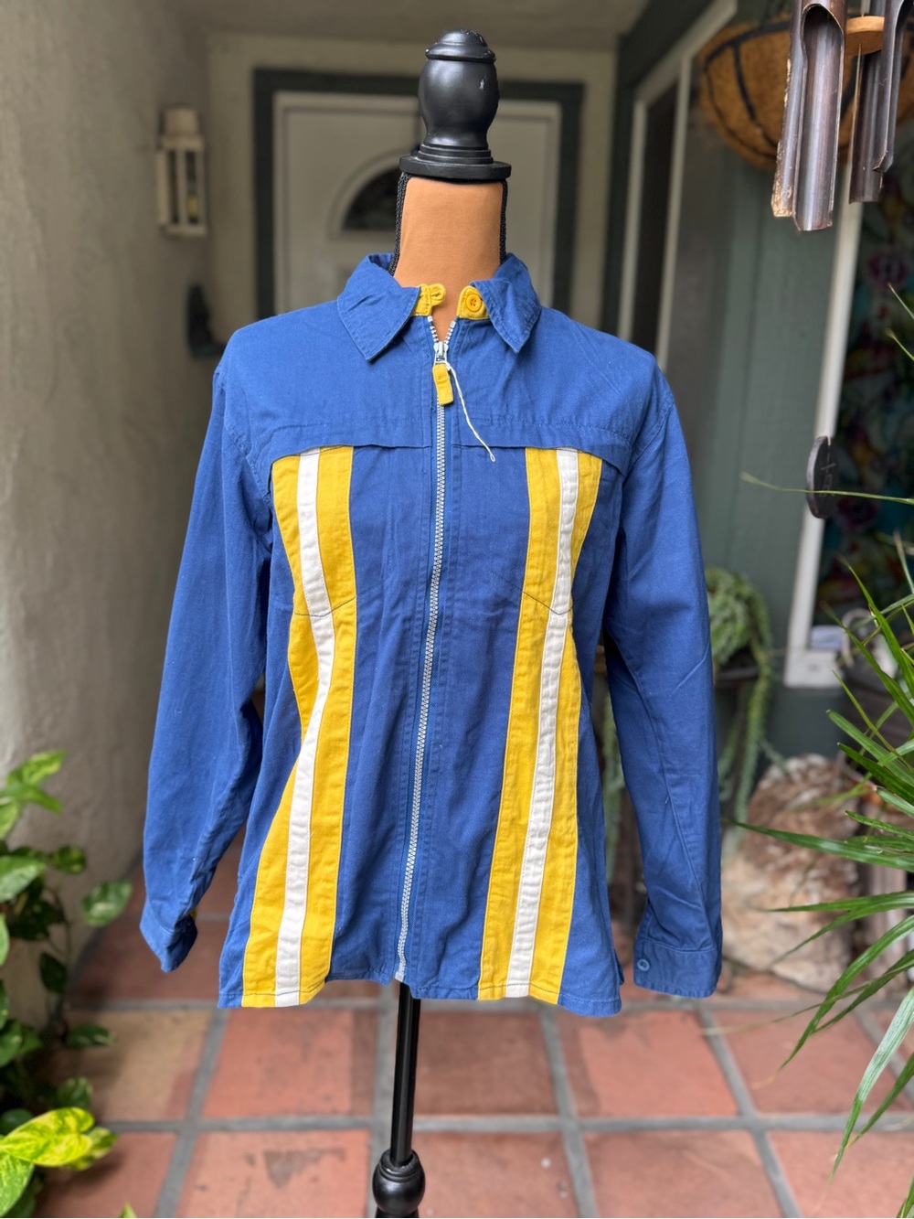 Vtg Resist Blue Bomber Jacket with Yellow & White Stripes